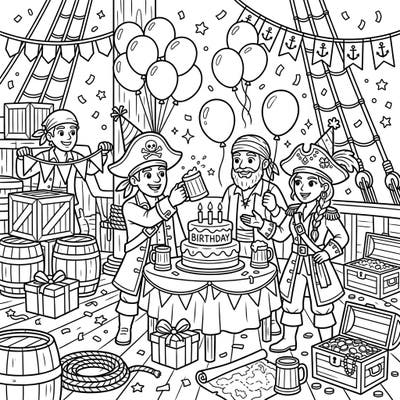 Ahoy, matey! Dive into a festive scene where adventurous privateers are throwing the ultimate birthday bash on their ship. This engaging coloring page is packed with fun details, from towering cakes to glittering treasure.