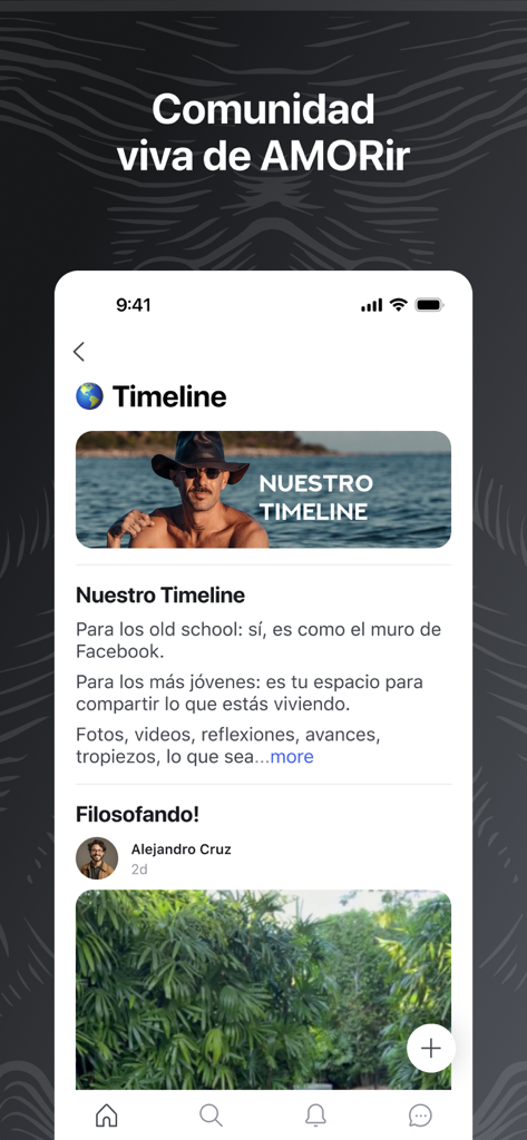Te Vas AMORir - Interfaz de la app Te Vas AMORir mostrando la línea de tiempo de la comunidad para compartir reflexiones.