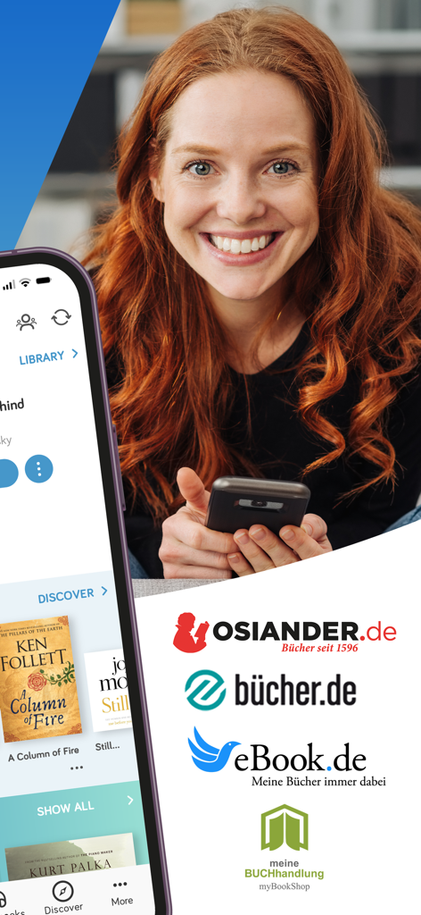 A smiling woman holding a smartphone with the tolino app interface next to German bookstore logos