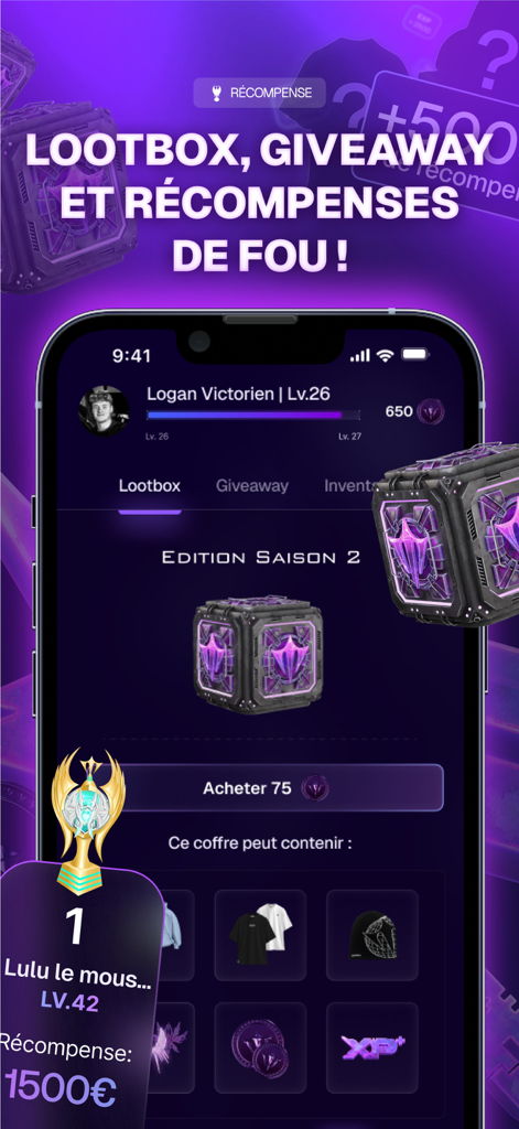 Arntreal mobile app interface showing gamified lootboxes and rewards for digital fashion garments.