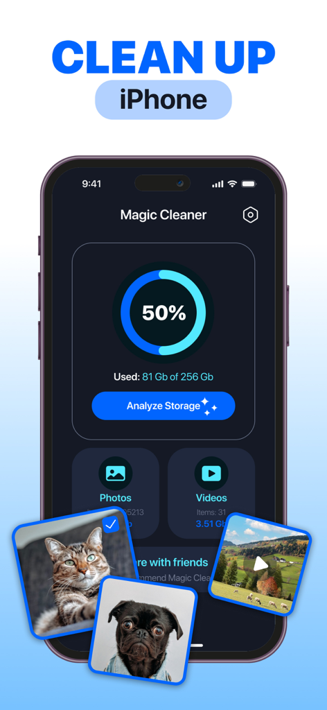 Interfaz de la aplicación Magic Cleaner mostrando el uso del almacenamiento y un botón para analizar el almacenamiento en un iPhone.