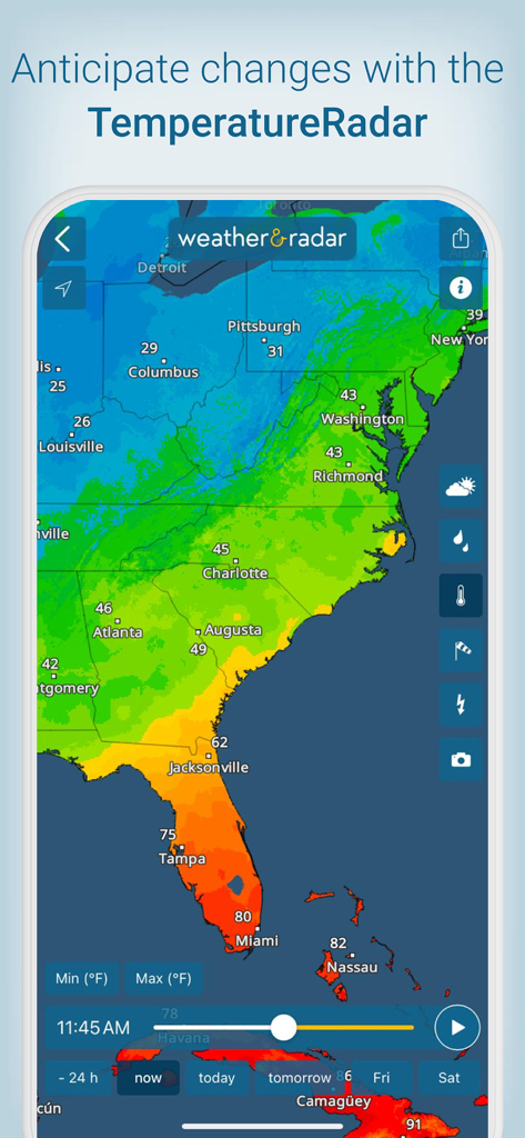 TemperatureRadar map of the Eastern United States showing real-time temperatures.