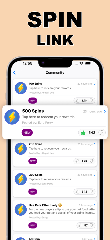 Spin Link Coin Spins- SpinLink - Mobile app interface showing community posts with links for free daily spins and game tips