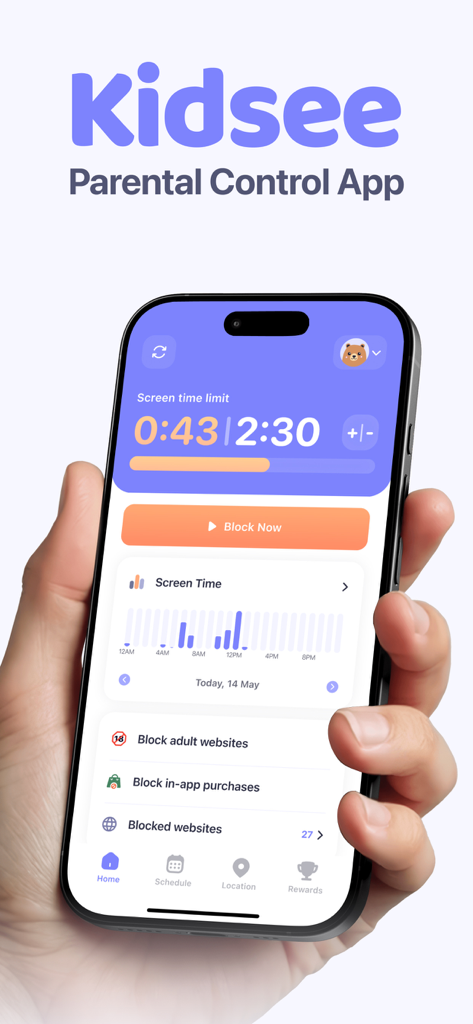 Parental Control App - Kidsee - iPhone screen displaying the Kidsee parental control app dashboard with screen time limits and app blocking features