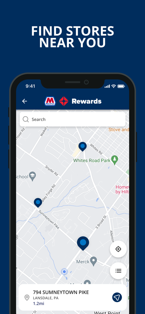 Marathon ARCO Rewards - Map interface of the Marathon ARCO Rewards app showing nearby gas station locations and store pins.