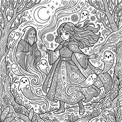 Embark on a mystical journey with this captivating adult coloring page, featuring an intricate spirit witch communing with friendly ghosts and an ancient guide. Dive into a world of magic and detailed artistry designed to soothe and inspire.