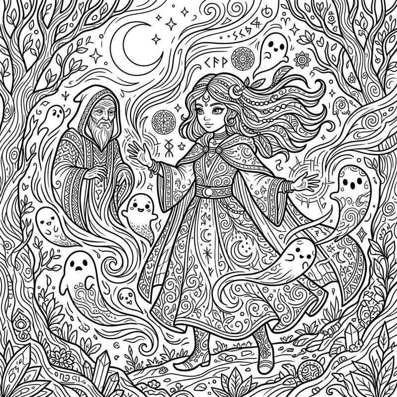 Embark on a mystical journey with this captivating adult coloring page, featuring an intricate spirit witch communing with friendly ghosts and an ancient guide. Dive into a world of magic and detailed artistry designed to soothe and inspire.