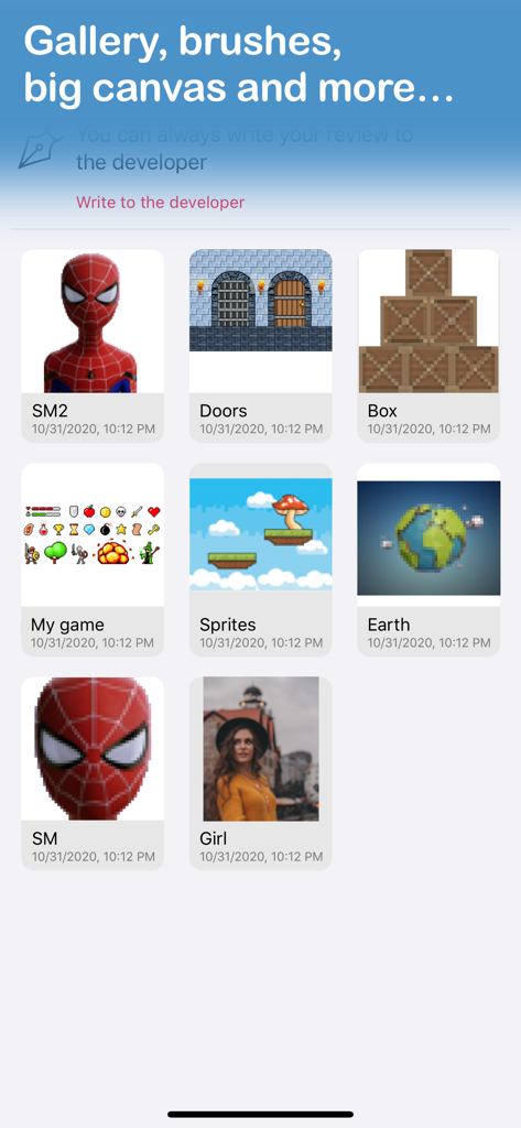 Pixel Art Studio for drawing - A gallery interface showing various pixel art projects including characters and game sprites