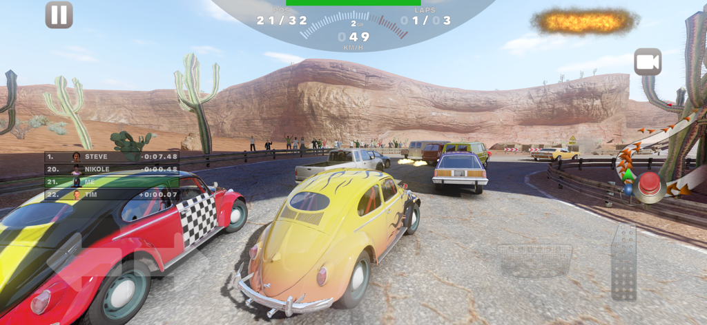 Classic cars racing on a desert track in Derby Madness demolition game