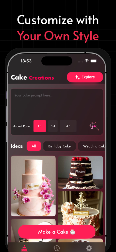 AI CakeMaker - Name on Cake - AI CakeMaker app interface showing the cake prompt input field and a gallery of AI generated cakes with personalized names.