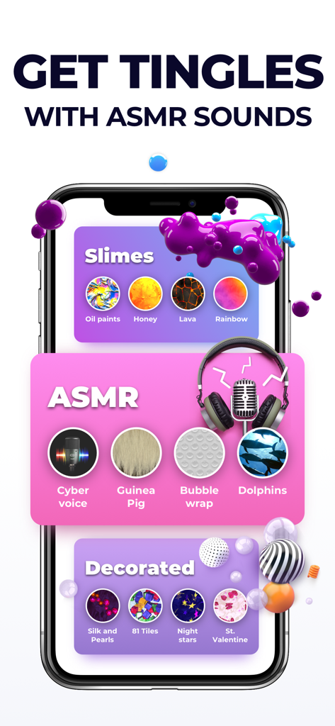 TeasEar app interface displaying various ASMR sounds and slime texture categories for relaxation.