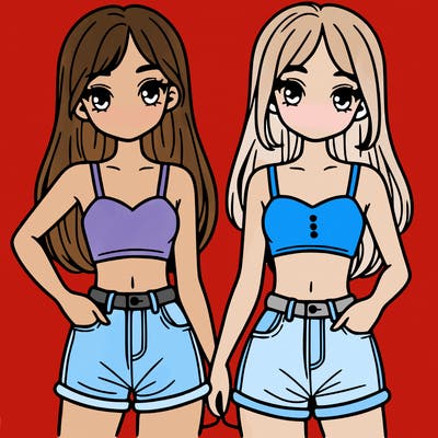 two sisters with crop tops and jean shorts and straight hair