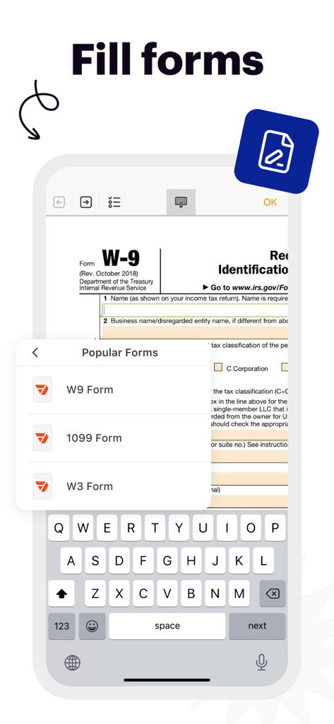 pdfFillerを使用してスマートフォンでW-9税務フォームに記入しているインターフェイスを表示。