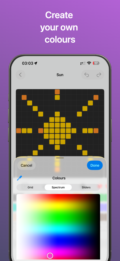 A mobile screen showing the custom color spectrum picker in the Pixel Draw 16x16 pixel art editor.
