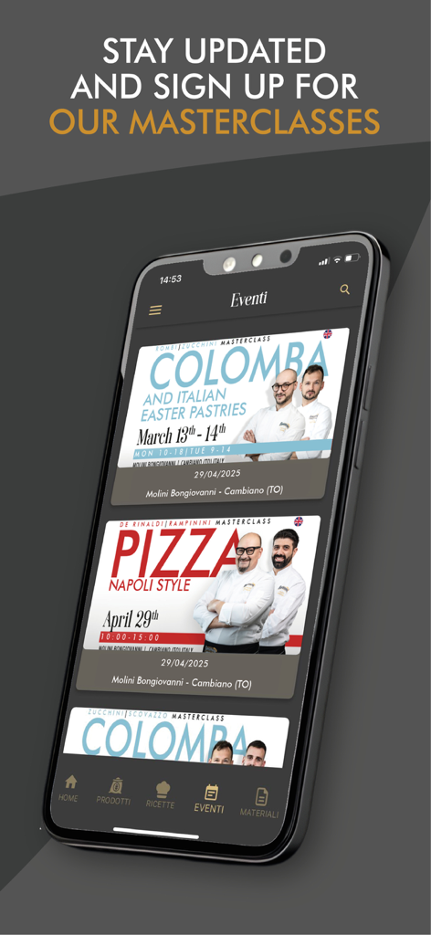 Bongiovanni-App-Veranstaltungsbildschirm mit professionellen Back- und Pizzameisterkursen für Handwerker
