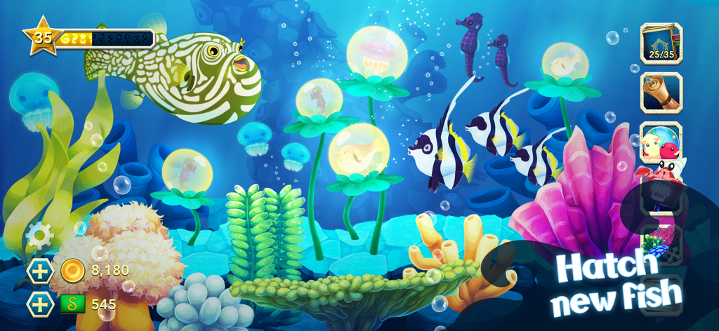 Splash — Fish Aquarium - A vibrant underwater reef scene in the Splash Fish Aquarium game featuring colorful marine life and bubbles for hatching new fish.