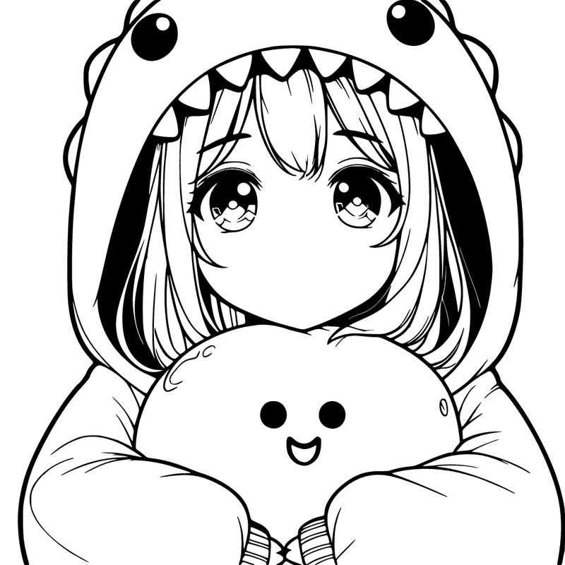 realistic girl in dino onsie hugging a dino squismallo