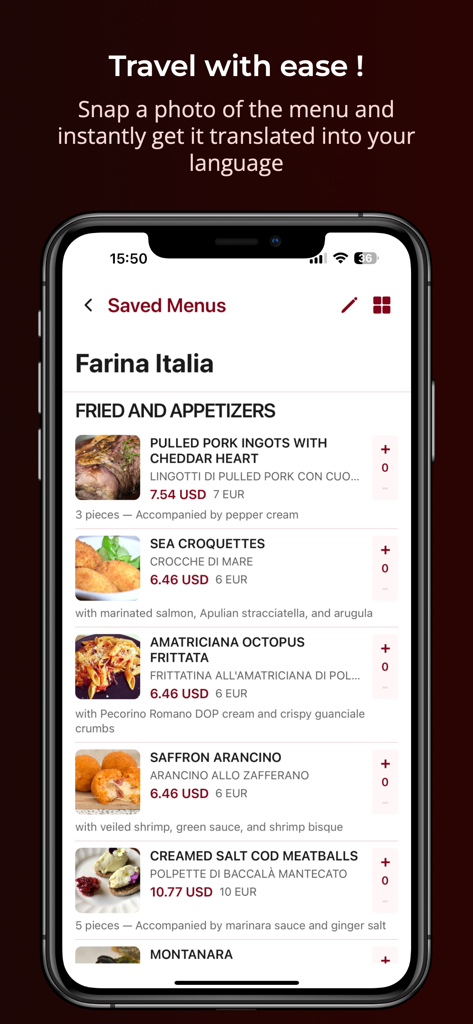Captura de pantalla de la aplicación MenuGuide mostrando un menú traducido con fotos y precios en múltiples divisas.