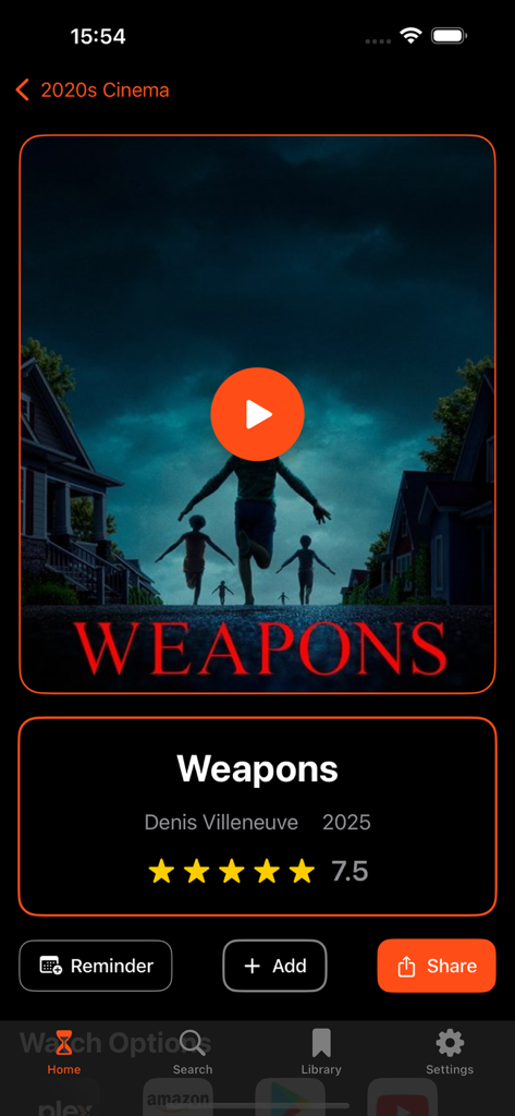 Movie detail screen for Weapons in the My Magis app showing the director, year, and rating.