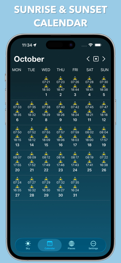 Sunrise Sunset Widget - Tela de calendário mensal mostrando os horários diários do nascer e pôr do sol na interface do aplicativo.