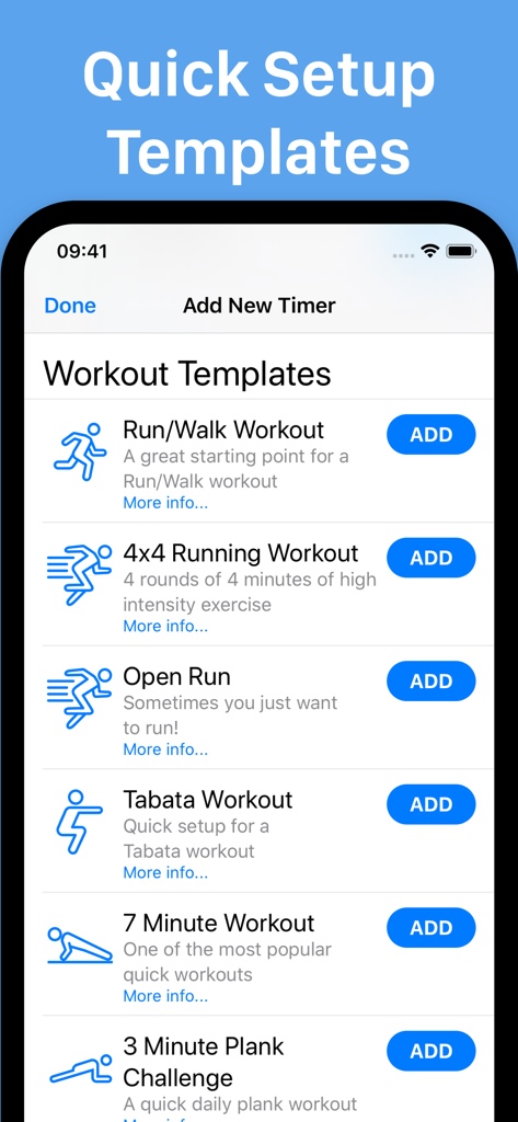 Intervals Pro: HIIT Timer - List of workout templates in the Intervals Pro app including Tabata and HIIT routines.