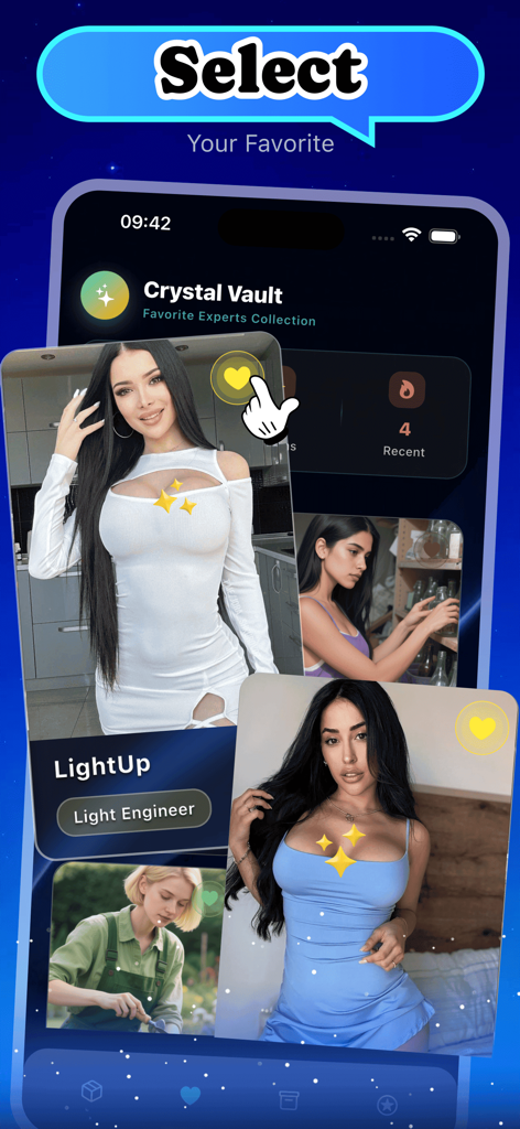 Gzzx - A gallery of AI crafting experts in the Gzzx app showing a light engineer and other specialist avatars.