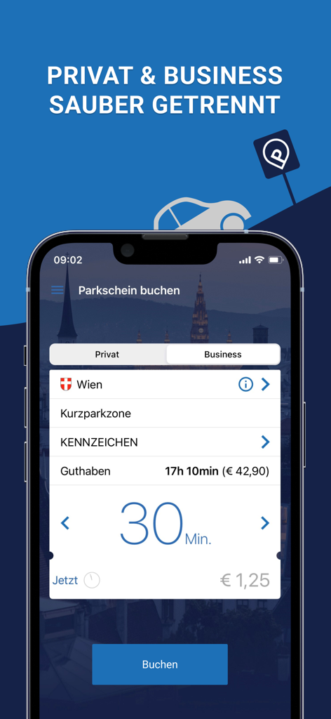 HANDYPARKEN App-Oberfläche zur Buchung von Parktickets für private oder geschäftliche Zwecke in Wien