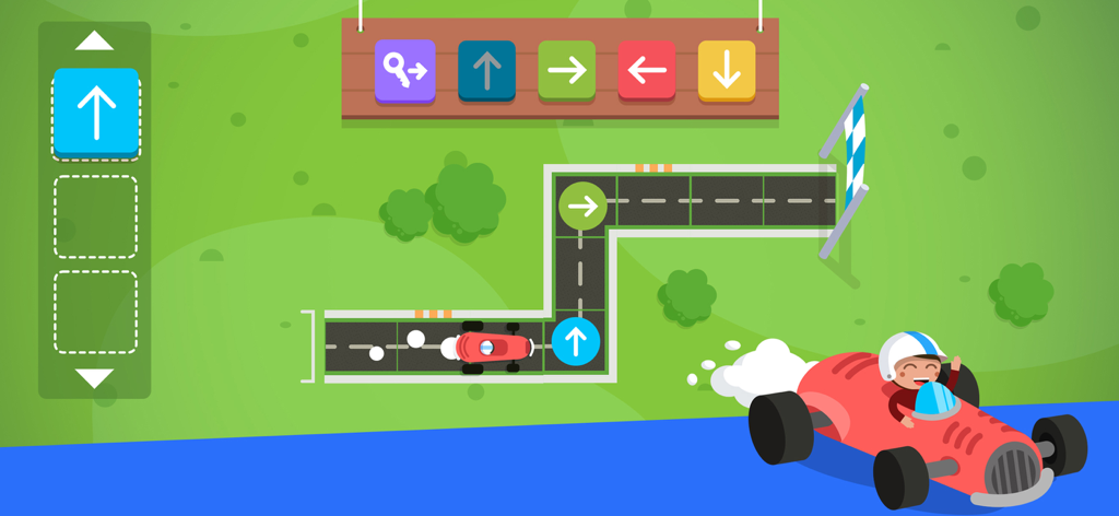 Code Karts - Pre-coding logic - Una colorida pista de carreras vista desde arriba en la aplicación Code Karts donde los niños usan bloques de flechas direccionales para resolver puzles de lógica de pre-codificación.