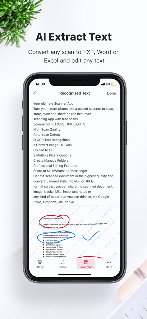 ScannerHD Pro - PDF Scan - ScannerHD Pro app showing AI text extraction from a scanned document