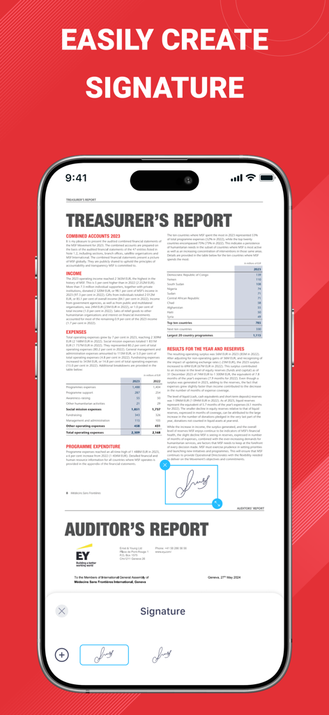 Interface of PDF Reader Pro app showing how to create and add a digital signature to a PDF document on an iPhone