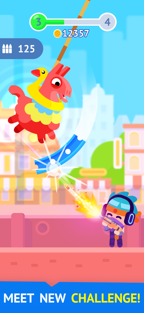 Pinatamasters - Pinatamasters에서 코인을 수집하기 위해 알록달록한 라마 피냐타를 쏘는 만화 캐릭터