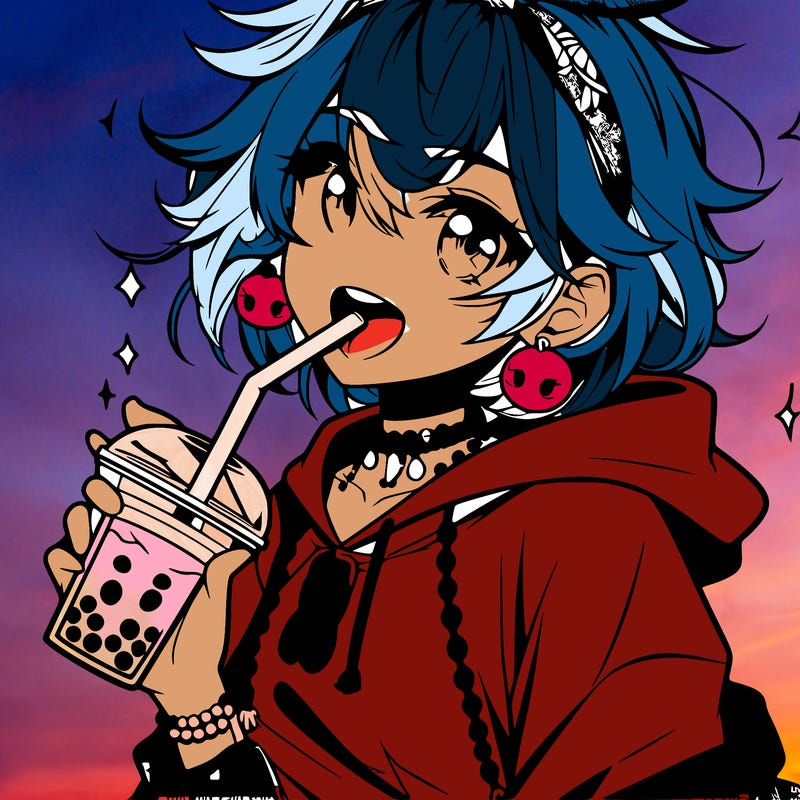 hot baddie anime girl drinking boba and biting the straw