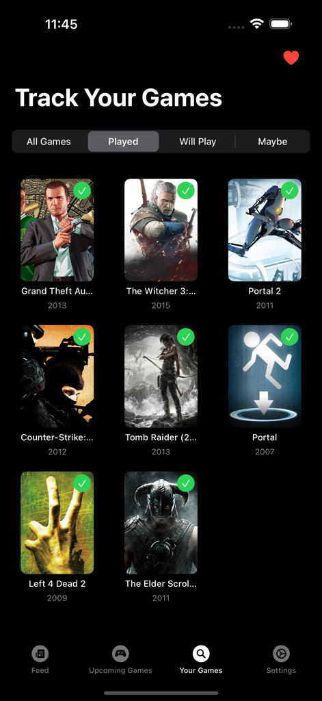 XP Game News - XP Game News app interface showing a grid of video games marked as played in the personal library section
