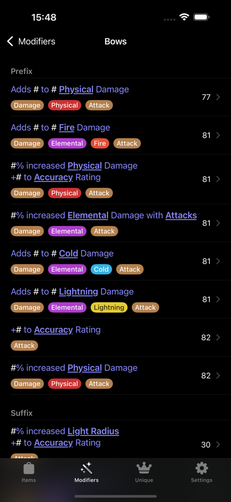 Database screen showing prefix and suffix modifiers for bows in the Path of Exile 2 utility app