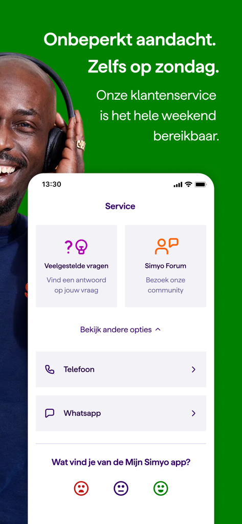 Captura de pantalla de la página de servicio de la app Mi Simyo con opciones de soporte como FAQ y contacto por WhatsApp
