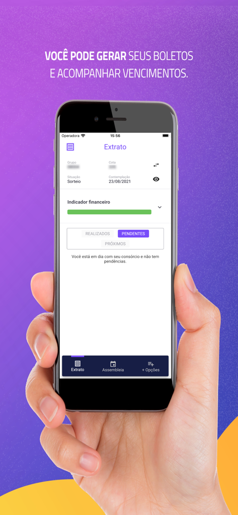 Zema Consórcio - Celular exibindo a tela de extrato do aplicativo Zema Consorcio com progresso financeiro e opções de pagamento.