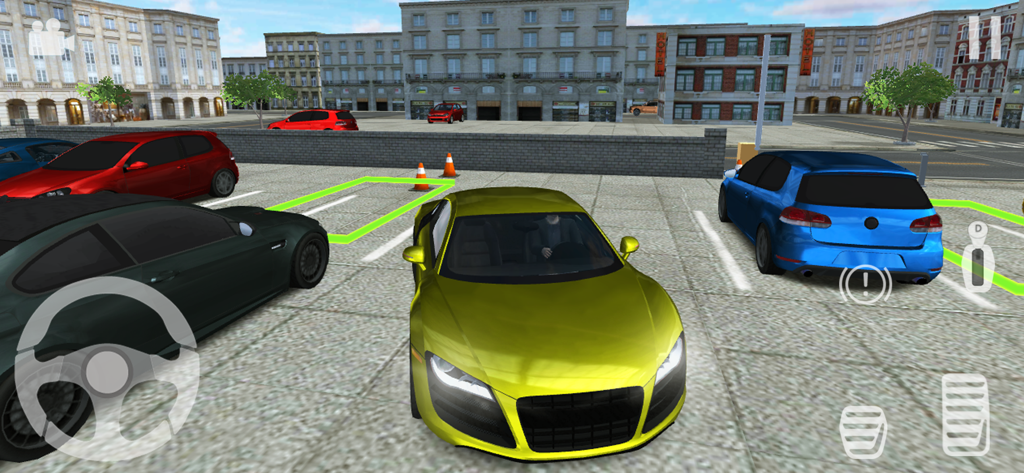 Car Parking Valet - Yellow sports car in a city parking lot with on-screen driving controls
