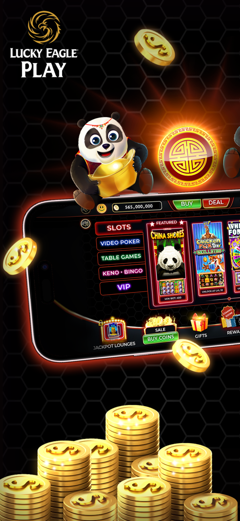 Lucky Eagle Play - Slots Games - Lucky Eagle Play app home screen showing the slots menu with a panda character and gold coins.