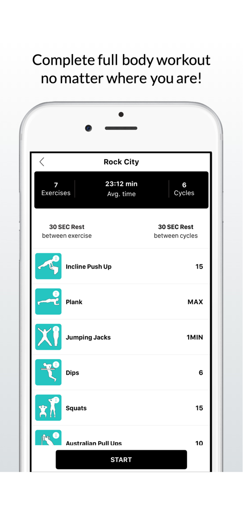Calisthenics Workout Routines - A mobile app screen showing a calisthenics workout routine named Rock City with a list of bodyweight exercises
