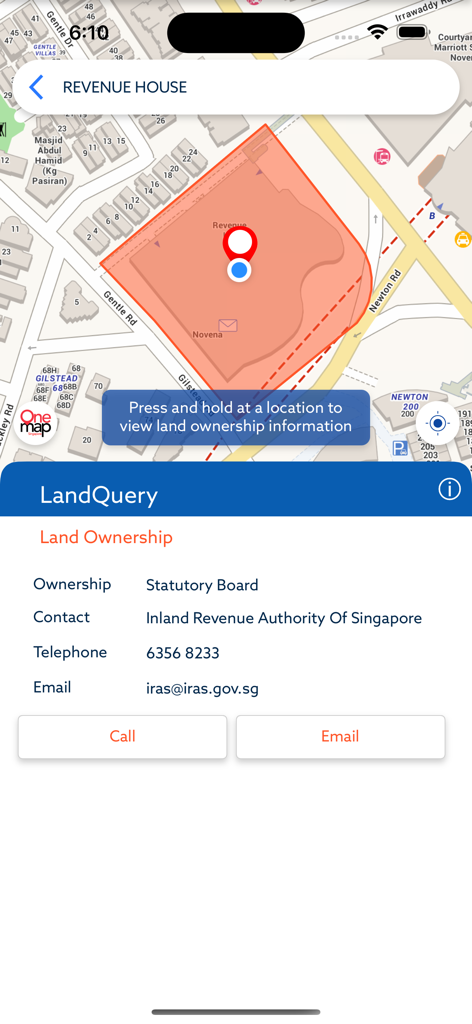 OneMap SG - OneMap SG app interface showing LandQuery ownership information for Revenue House including IRAS contact details