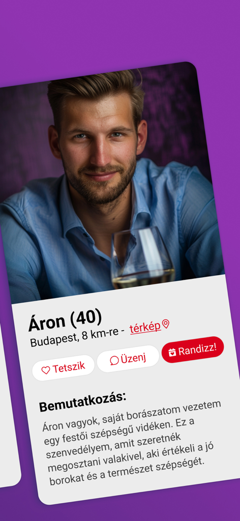 Mobilbildschirm mit dem Profil eines 40-jährigen Mannes in der Randivonal ungarischen Dating-App