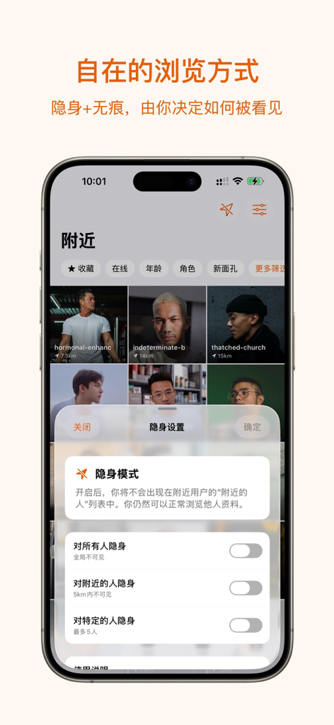 Dokki-Meet & date cute guy‪s‬ - Dokki dating app interface showing incognito mode settings and nearby user profiles