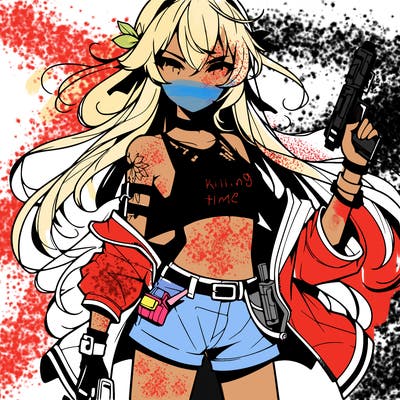 bad girl wearing crop top holding a gun long hair anime