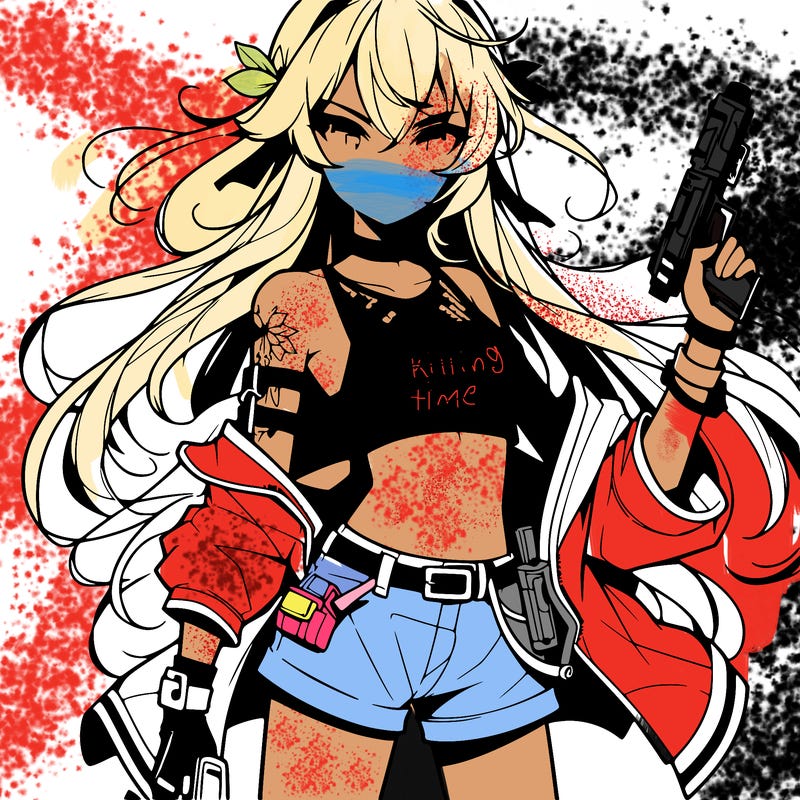 bad girl wearing crop top holding a gun long hair anime