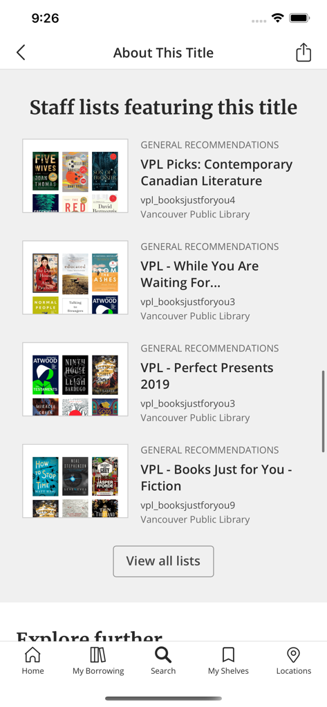 The VPL Mobile app screen displaying various curated book lists recommended by library staff