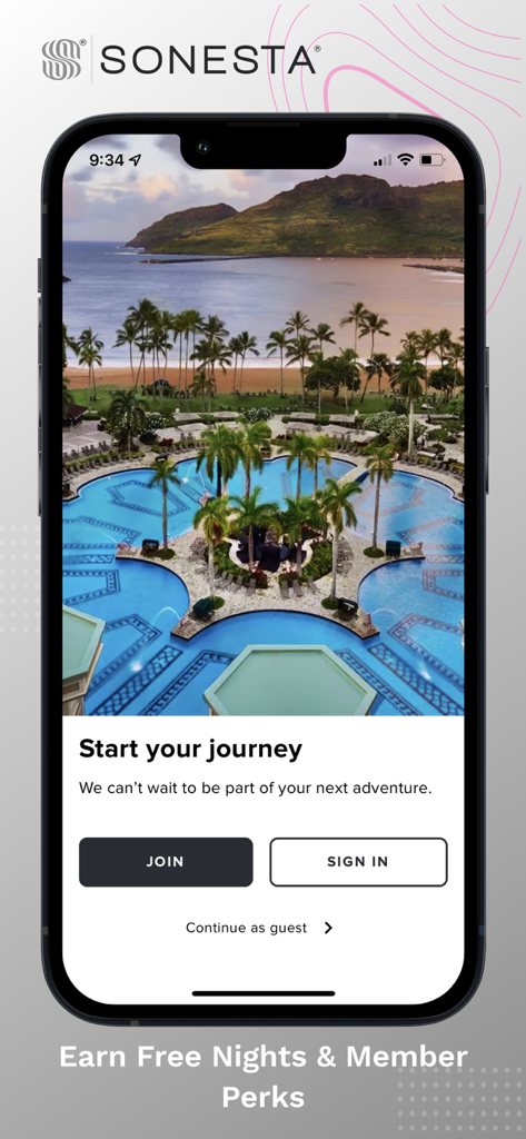 Sonesta - Willkommensbildschirm der Sonesta App mit einem luxuriösen Resort-Pool und Anmeldeoptionen für Mitglieder