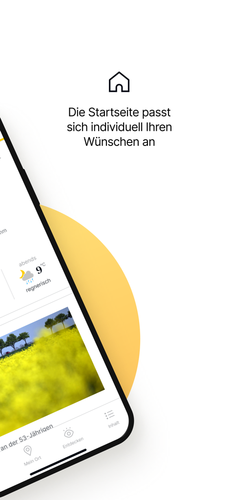 A smartphone showing the Rheinische Post news app interface with a personalized homepage and local weather information