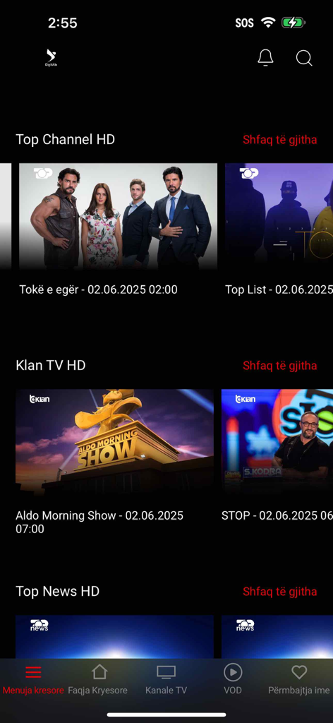 DigitAlb app interface displaying various Albanian TV channels including Top Channel HD and Klan TV HD.