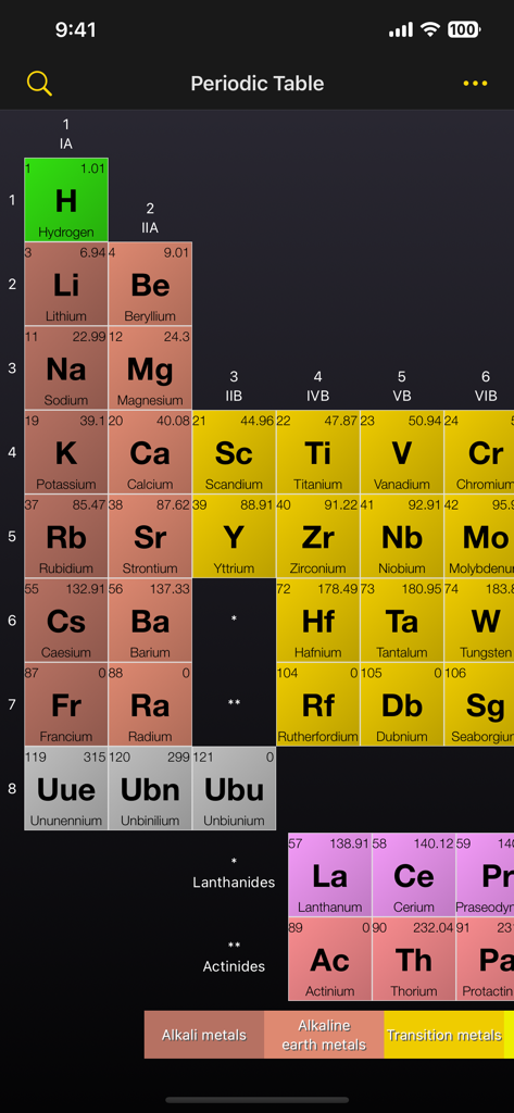 A colorful digital periodic table showing chemical elements and their properties on a mobile interface.