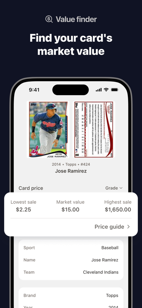 Sports cards scanner: Scardo - Mobile app interface of Scardo showing the market value and price history for a baseball trading card.
